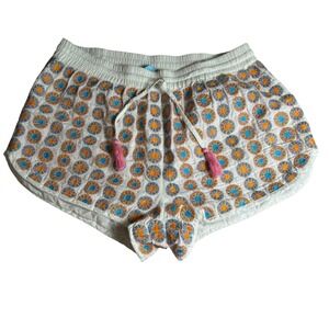 Buttons Embroidered‎ Cotton Lounge Shorts White Boho Festival Medium